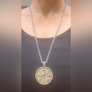 Tat 2 Silver and Gold Coin Necklace with Crystal Accents